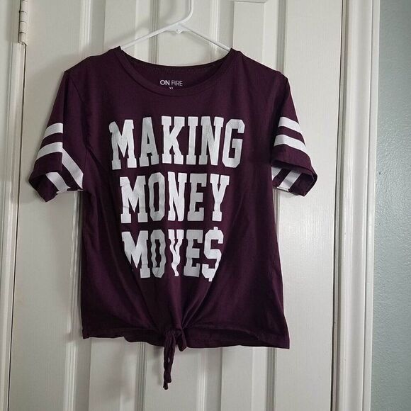 On Fire XL Tee Shirt Making Money Moves Maroon Knot Tie Front Hem Cotton Casual - Picture 6 of 11